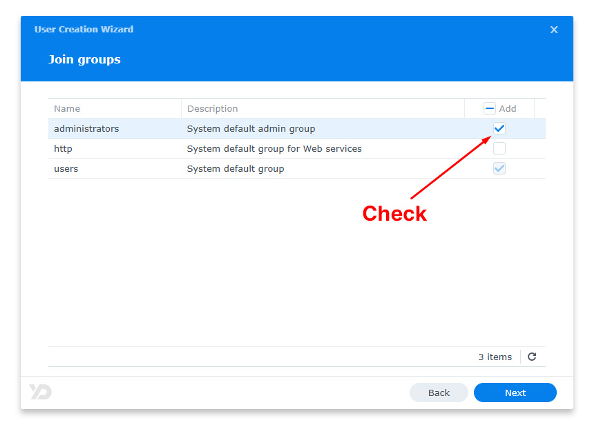 Giao diện kiểm tra tài khoản administrator trong Synology DSM