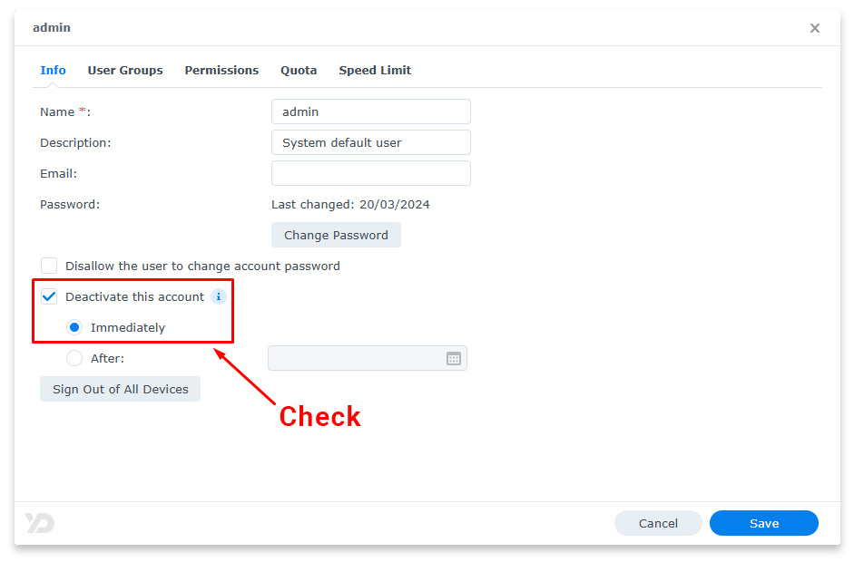 Giao diện vô hiệu hóa tài khoản admin