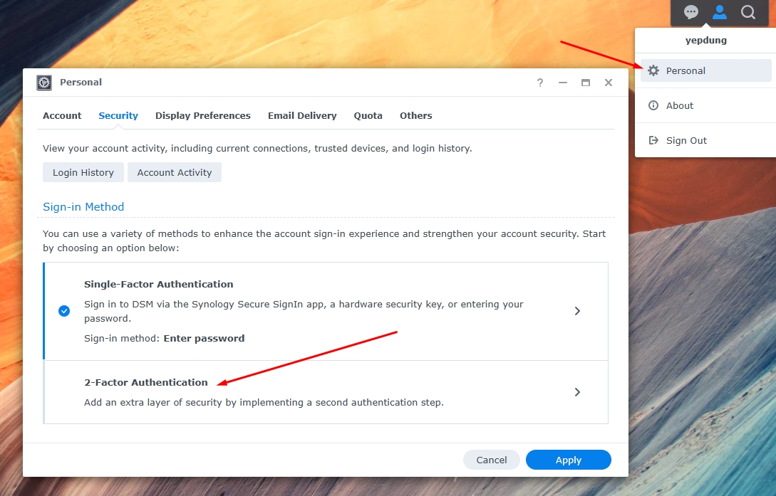Cách bật tính năng xác thực hai bước 2FA trên Synology DSM